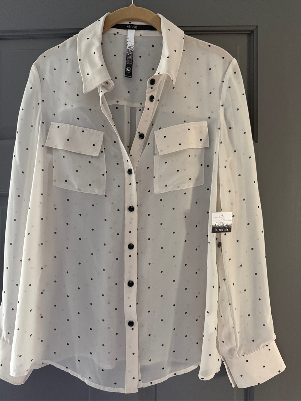 Kensie White Long-Sleeve Polka Dot Button-Up Shirt